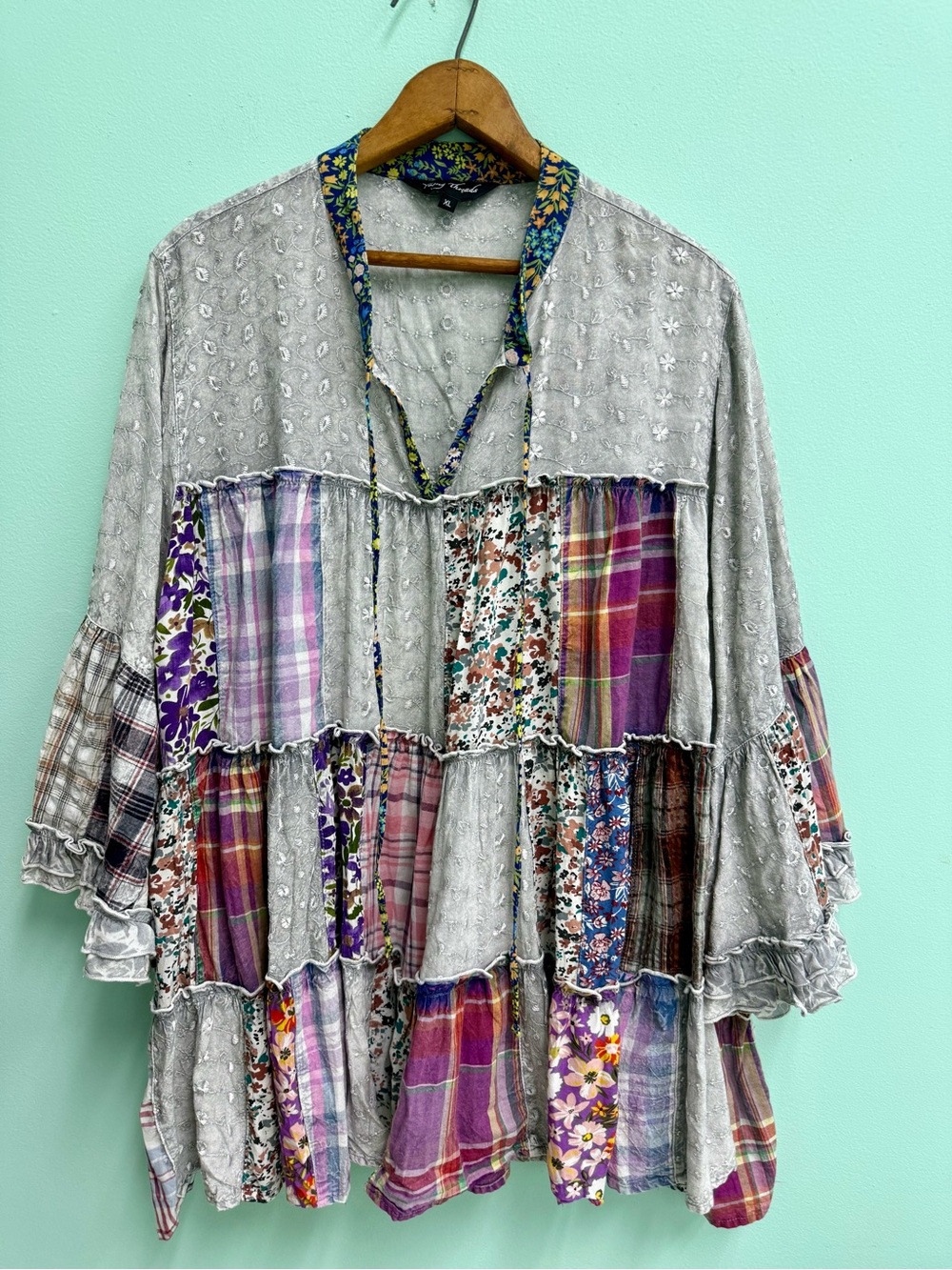 Boho Patchwork Tunic in Gray & Purple - Lightweight Peasant Top